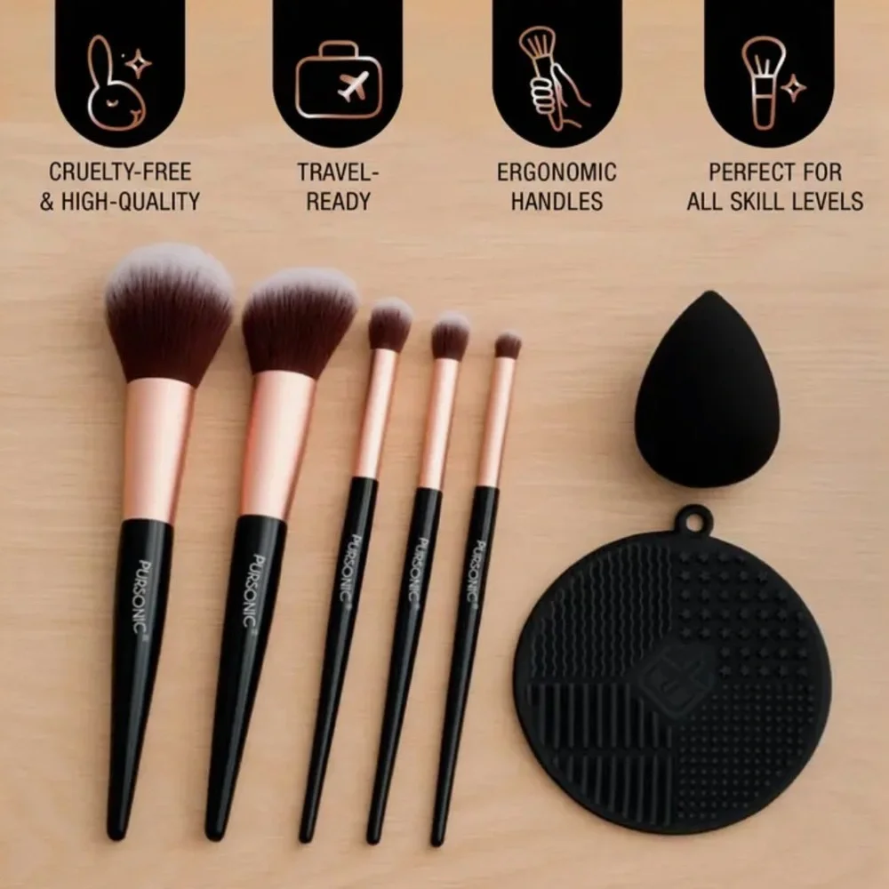 Pursonic Complete Glam 7 Piece Makeup Brush Set Rose Gold & Black